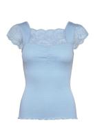 Silk T-Shirt W/ Lace Tops T-shirts & Tops Short-sleeved Blue Rosemunde