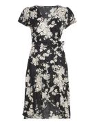 Floral Linen Flutter-Sleeve Wrap Dress Kort Klänning Black Lauren Ralp...