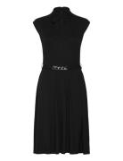 Belted Interlock Tie-Neck Dress Knälång Klänning Black Lauren Ralph La...