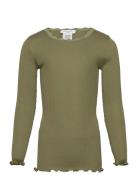 Silk T-Shirt W/ Lace Tops T-shirts Long-sleeved T-shirts Green Rosemun...