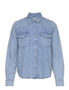 Chest-Pocket Denim Shirt Tops Shirts Long-sleeved Blue Mango