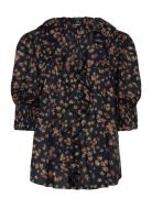 Floral Cotton Voile Puff-Sleeve Blouse Tops Blouses Short-sleeved Navy...