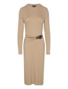 Buckle-Trim Cotton-Blend Knit Midi Dress Knälång Klänning Beige Lauren...