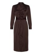 Ruffle-Trim Satin Charmeuse Shirtdress Knälång Klänning Brown Lauren R...