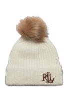 Lauren Ralph Lauren Leather-Trim Pom-Pom Rib-Knit Beanie Kräm