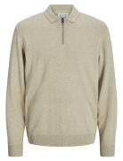 Jack & J S Jjeemil Knit Polo Half Zip Ls Noos Beige