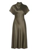 Malina Alivia Short Sleeve Satin Midi Dress Khaki Green