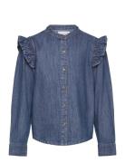 Mango Ruffled Denim Shirt Blå