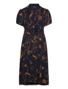 Lauren Women Print Belted Georgette Puff-Sleeve Dress Marinblå